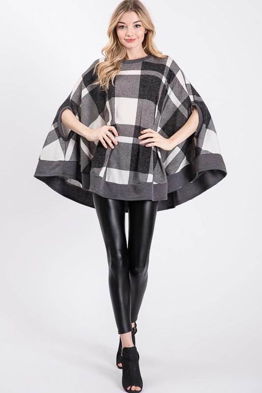 BRUSHED PLAID PONCHO